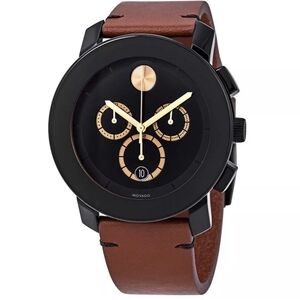 Brand New Movado Bold Men’s 43mm TR90 Chronograph Black Dial Brown Strap 3600540